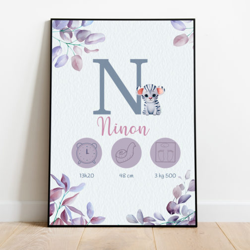 Affiche naissance personnalisée mauve